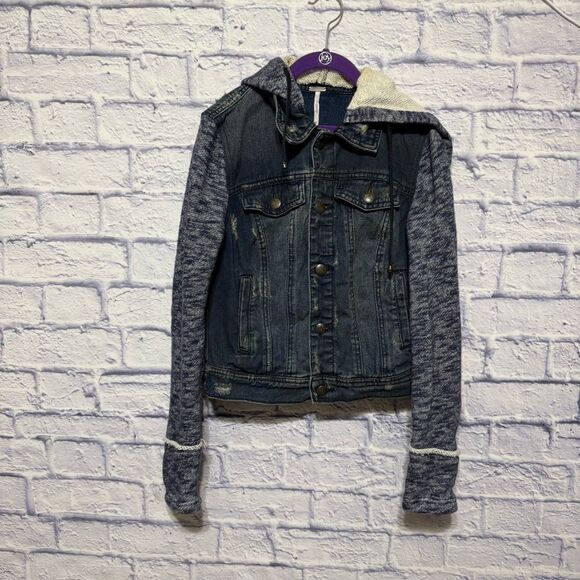 Free People Denim & Knit Hooded Jacket - size XS - Picture 4 of 15